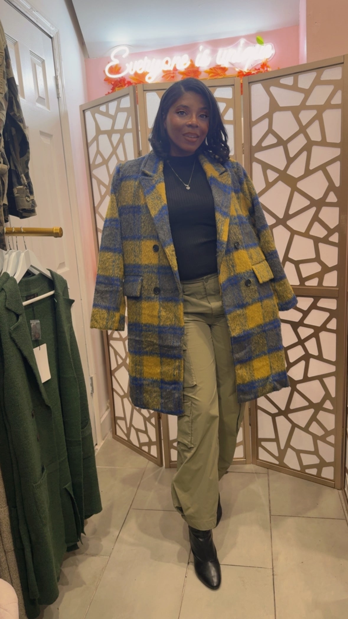 Fuzzy plaid coat