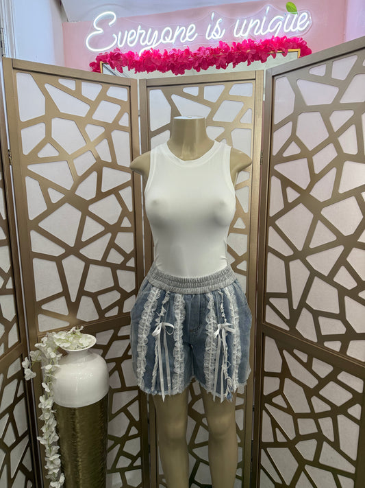 Lace Trim Ribbon Denim Shorts