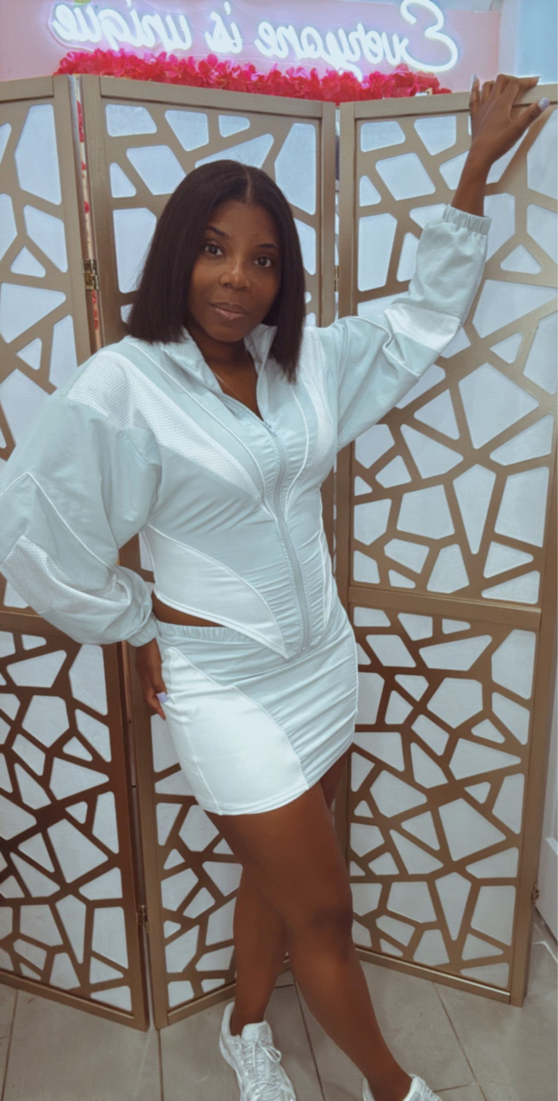 Nylon & mesh contrast track suit top &mini skirt set