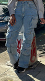 Cargo twill denim pants with pockets