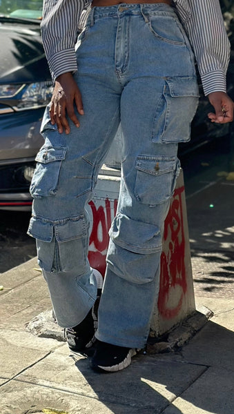 Cargo twill denim pants with pockets