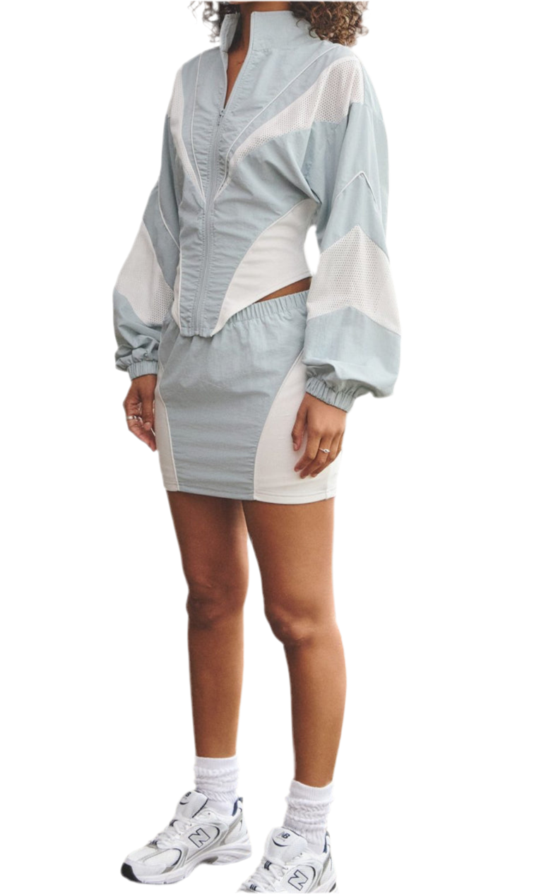 Nylon & mesh contrast track suit top &mini skirt set