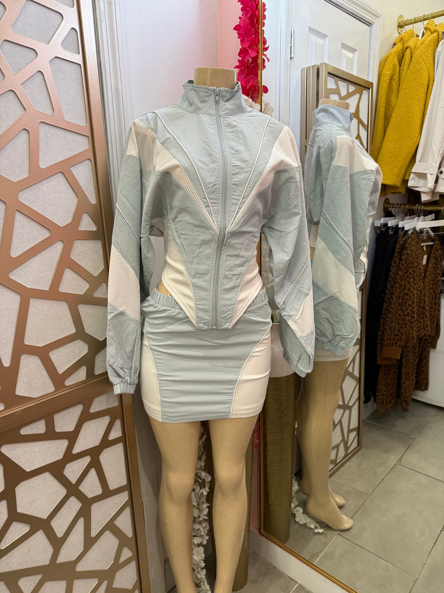 Nylon & mesh contrast track suit top &mini skirt set