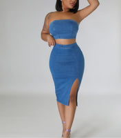 Denim tube top and skirt set