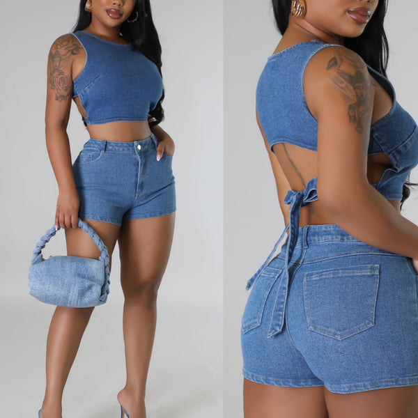 Denim crop top and shorts set