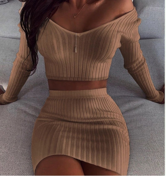 Solid ribbed crop top & skirt set