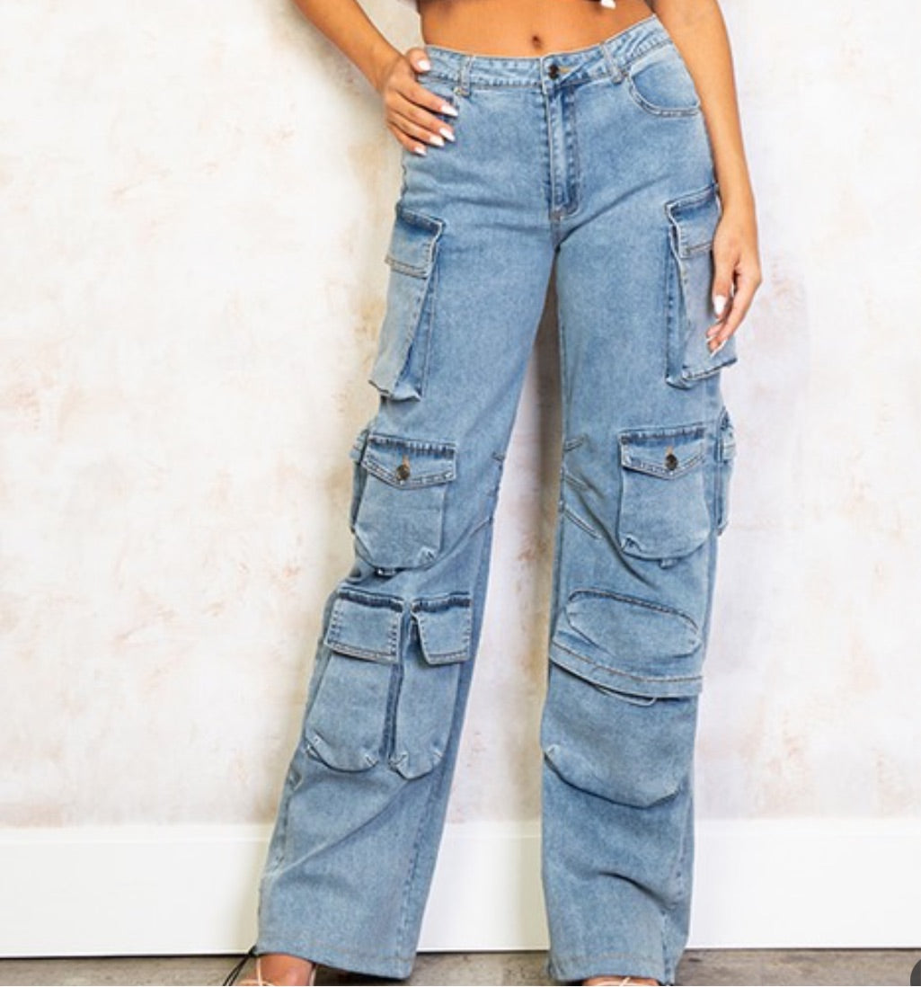 Cargo twill denim pants with pockets